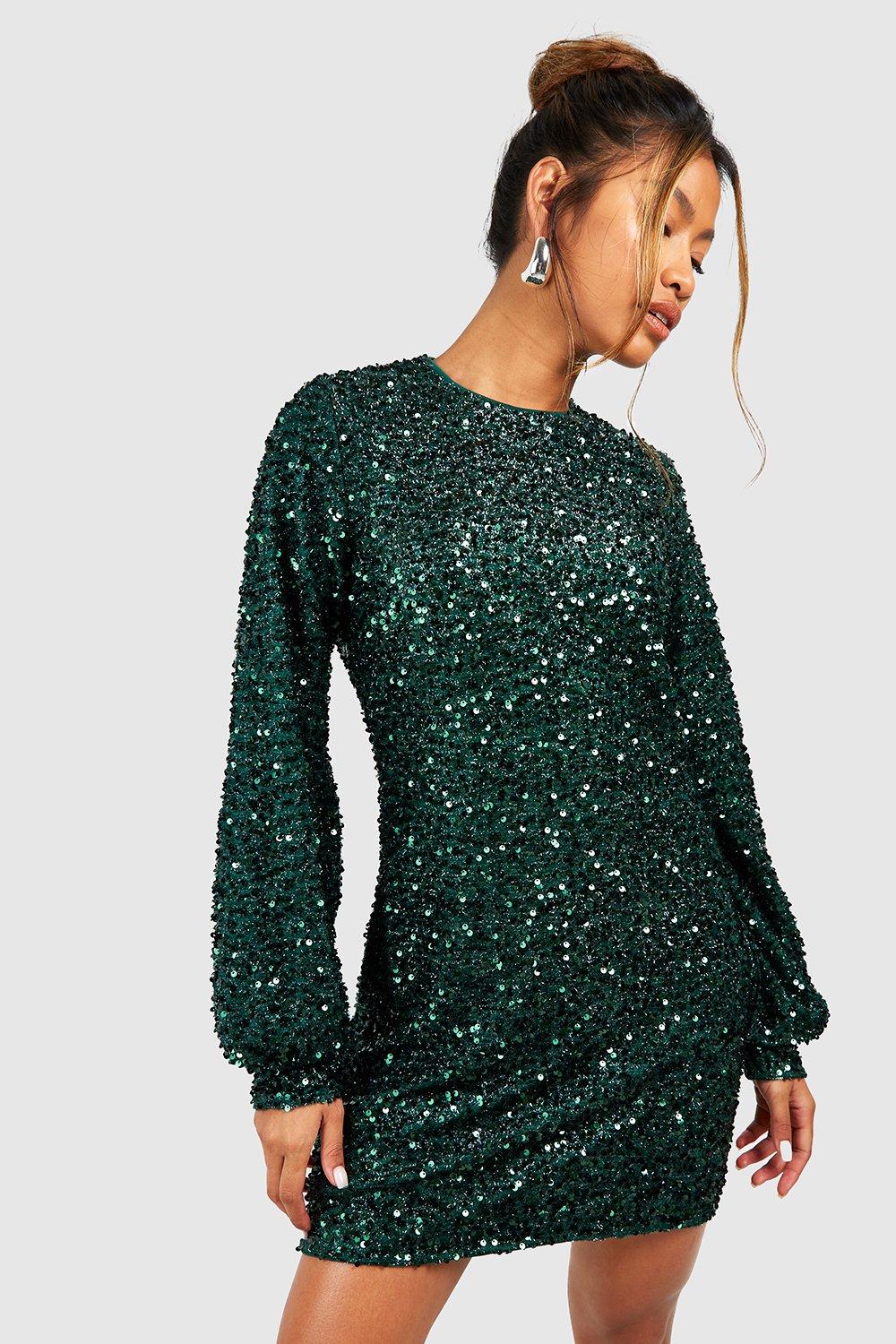 Sequin Blouson Sleeve Shift Party Dress